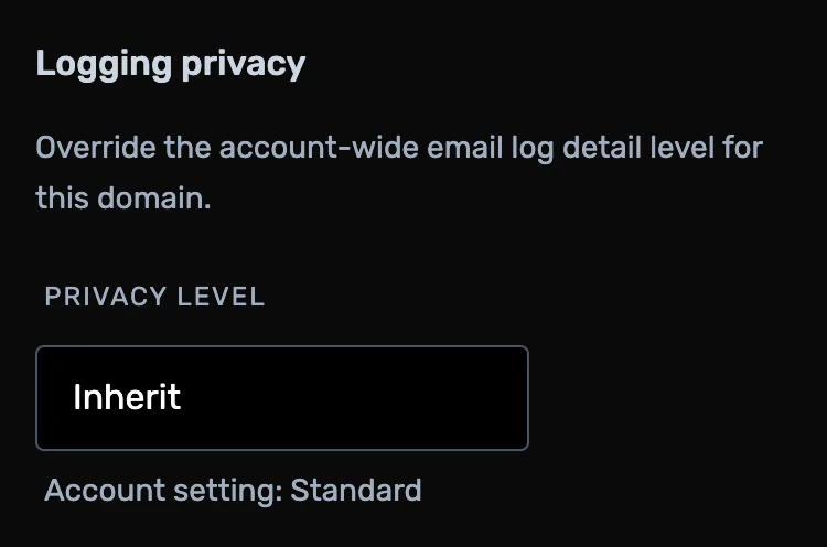 The Logging privacy dropdown in ImprovMX domain settings, set to Inherit