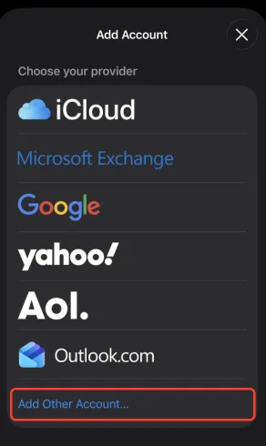 The iOS provider list with Add Other Account highlighted at the bottom