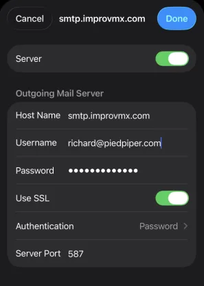 The primary server screen with smtp.improvmx.com, Use SSL on, Authentication set to Password, and port 587