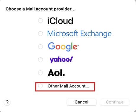 The Mail account provider picker with Other Mail Account… highlighted
