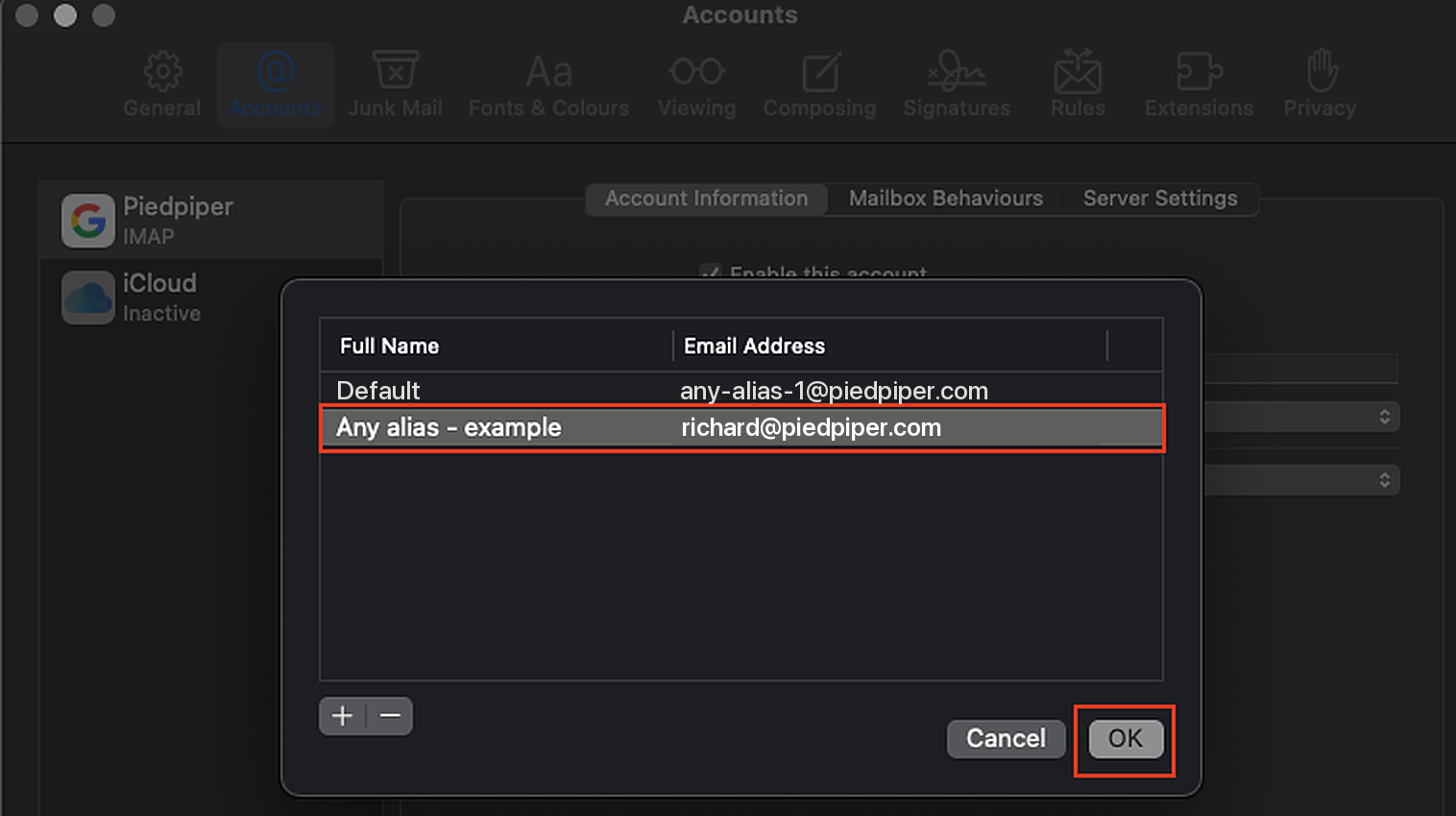 A second address added on its own row in Apple Mail on macOS
