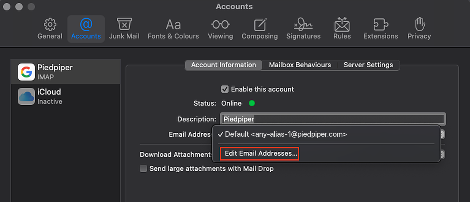 Edit Email Addresses in the Email Address menu on macOS