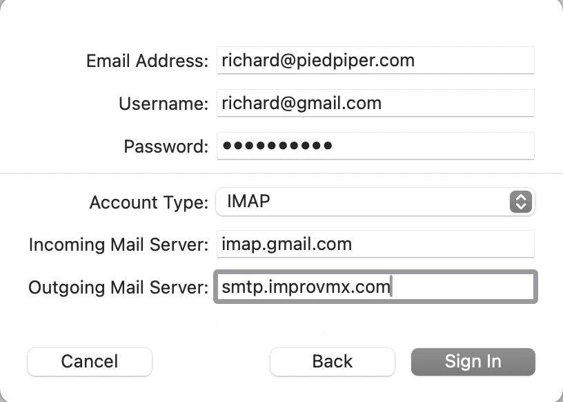 Mail's mail-server sheet filled with imap.gmail.com for incoming and smtp.improvmx.com for outgoing