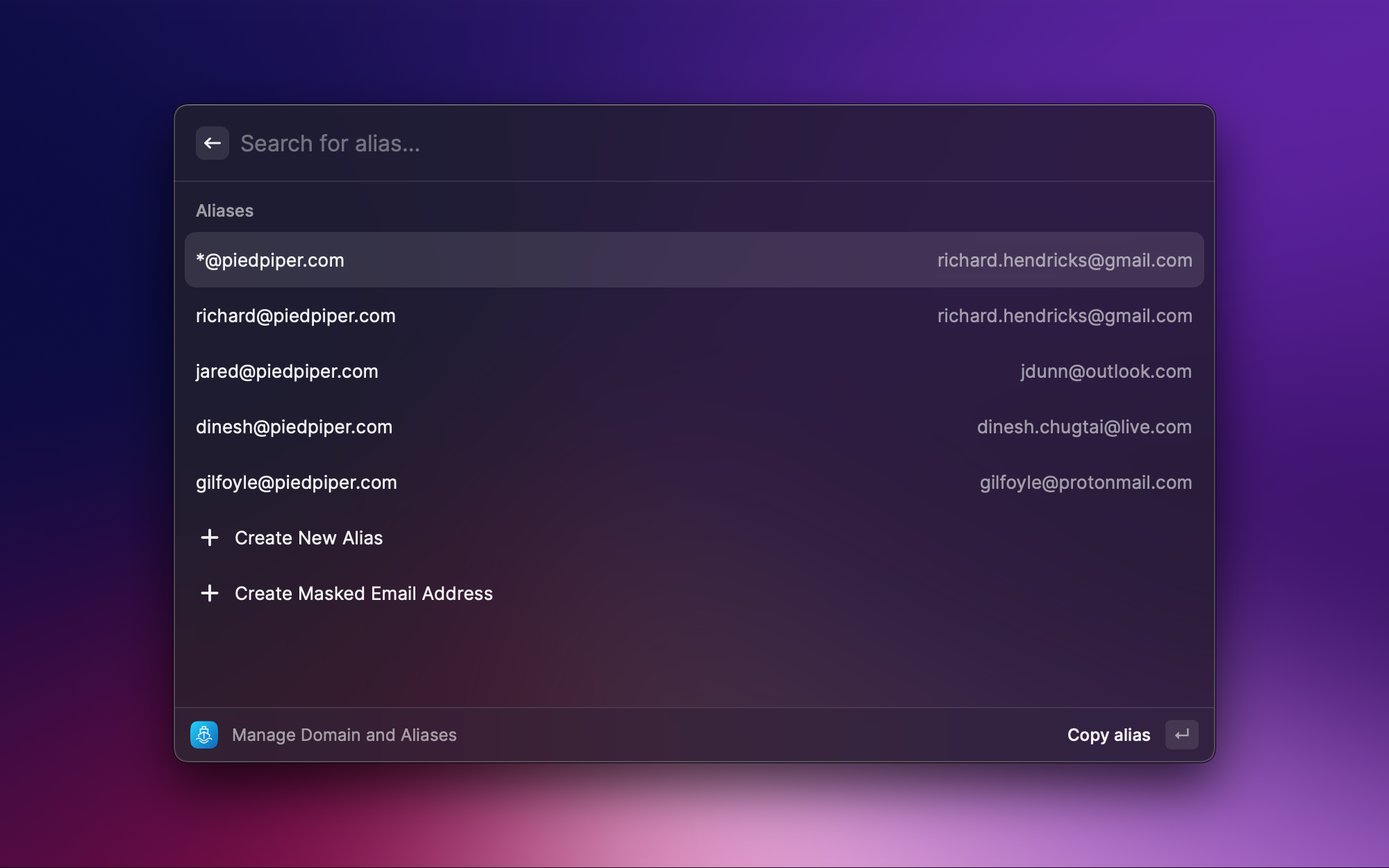Raycast extension showing SMTP credential management
