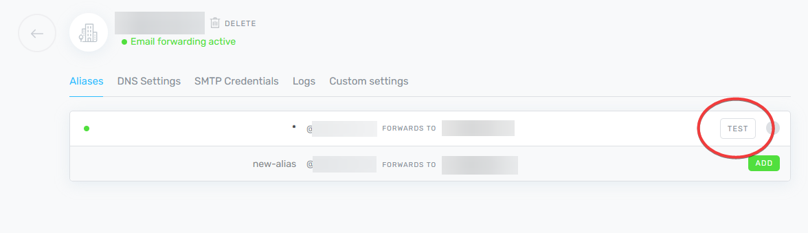 ImprovMX Dashboard with Test button