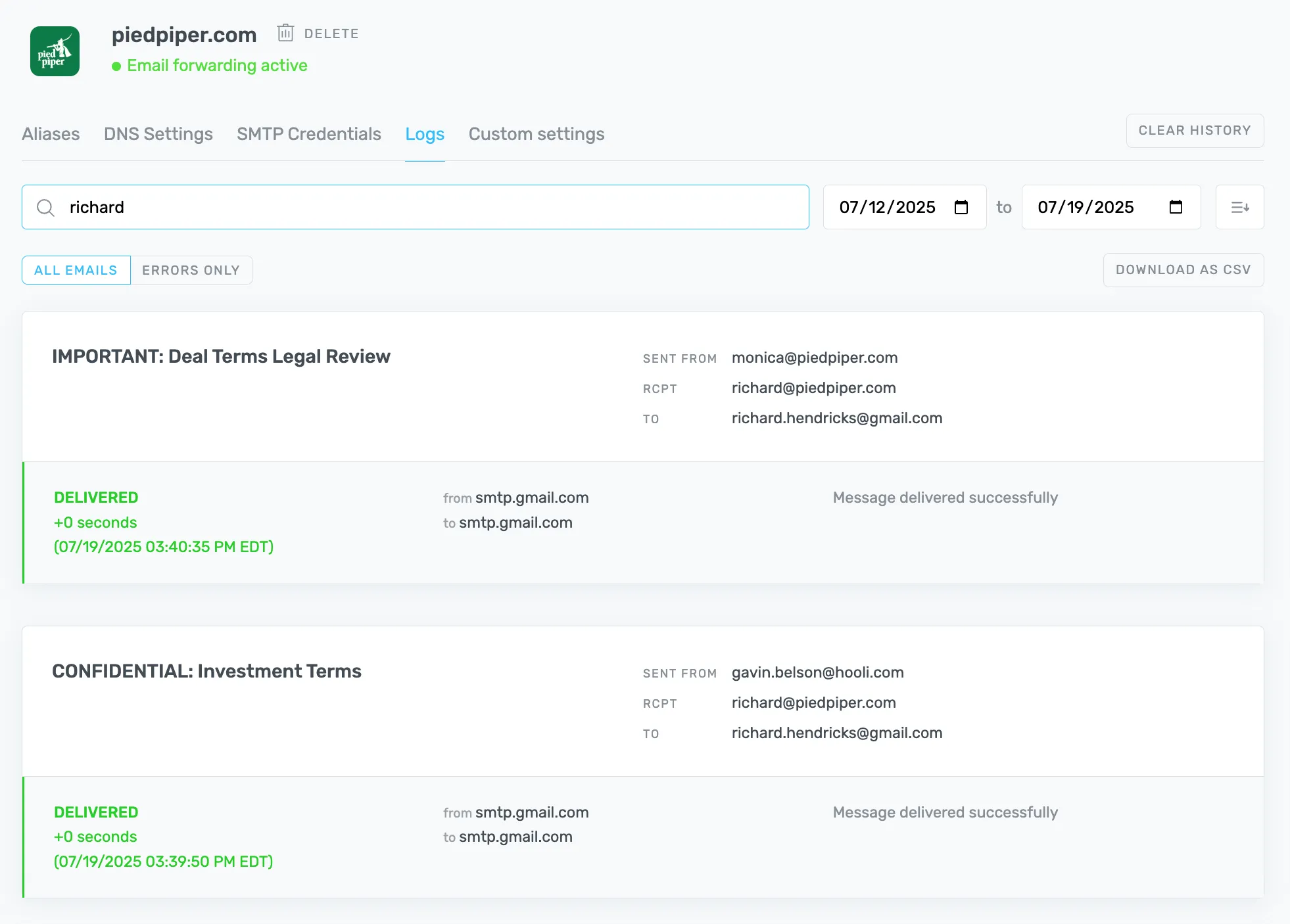ImprovMX Email Logs powerful search and filtering interface